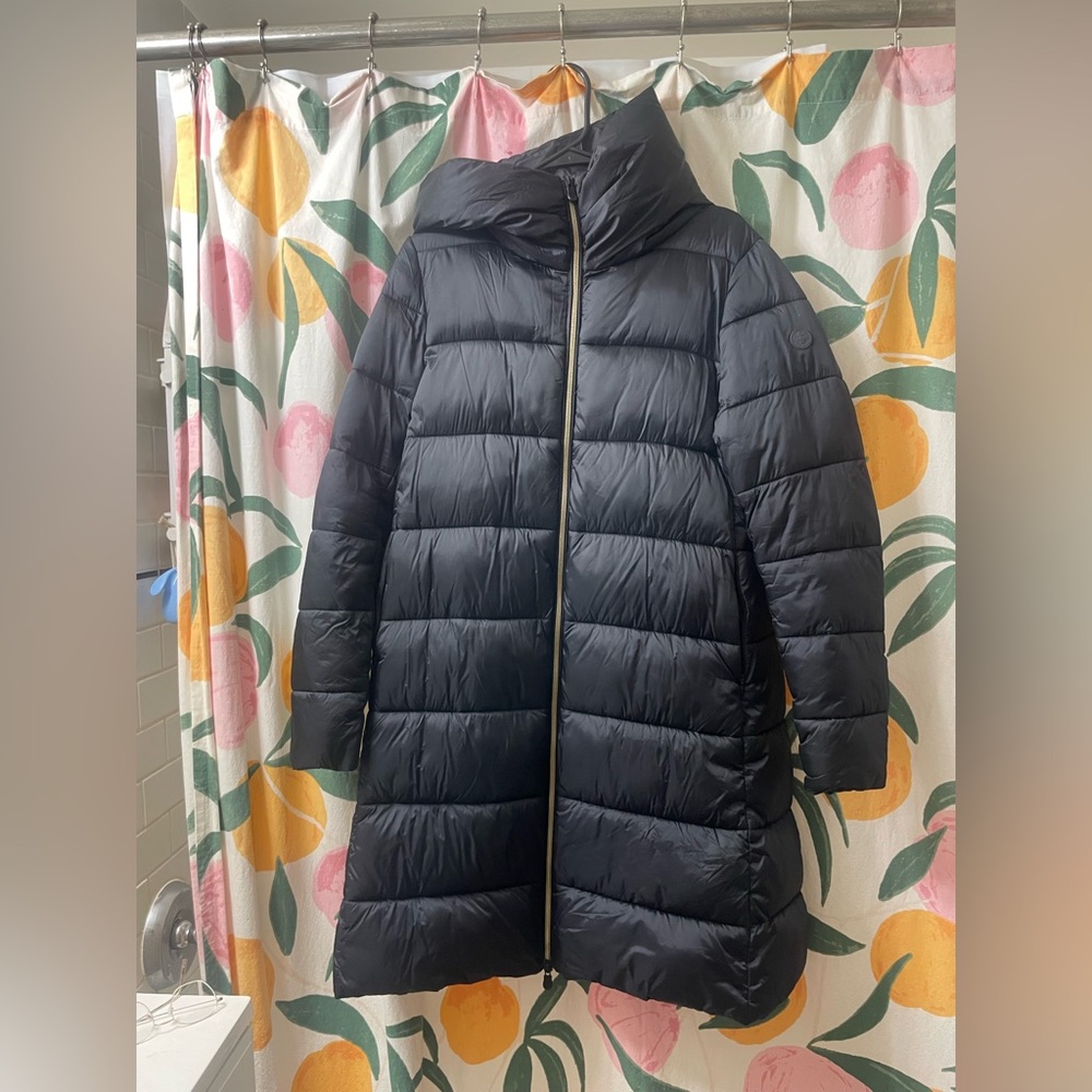 Save The Duck Women’s Black Long Puffer Coat with High Collar